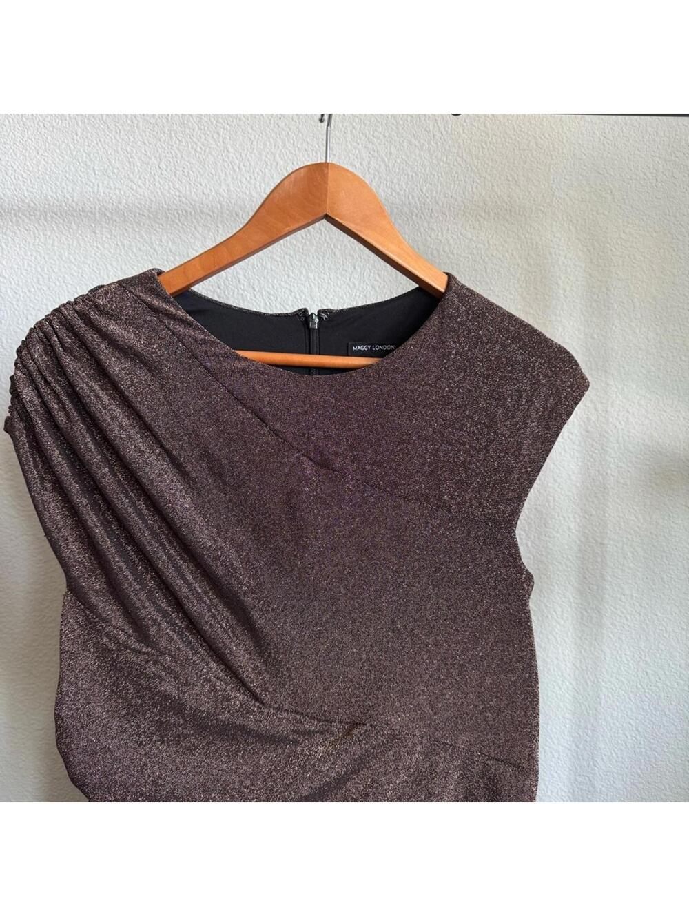 Maggy London Brown Metallic Midi Dress Size 14 Cap Sleeve Ruched Wedding Guest - Picture 5 of 10